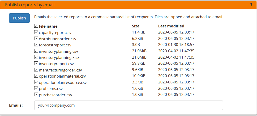 Execution screen - Publish reports by email