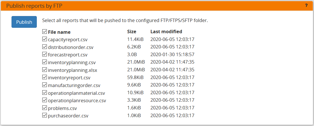 Execution screen - Publish reports by FTP