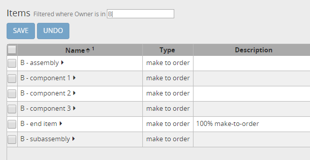 Configuration for item B