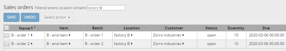 Sales orders for item B