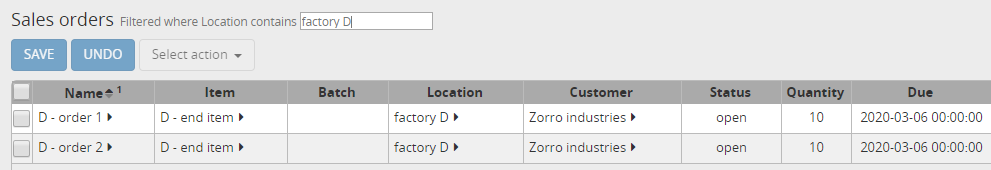 Sales orders for item D