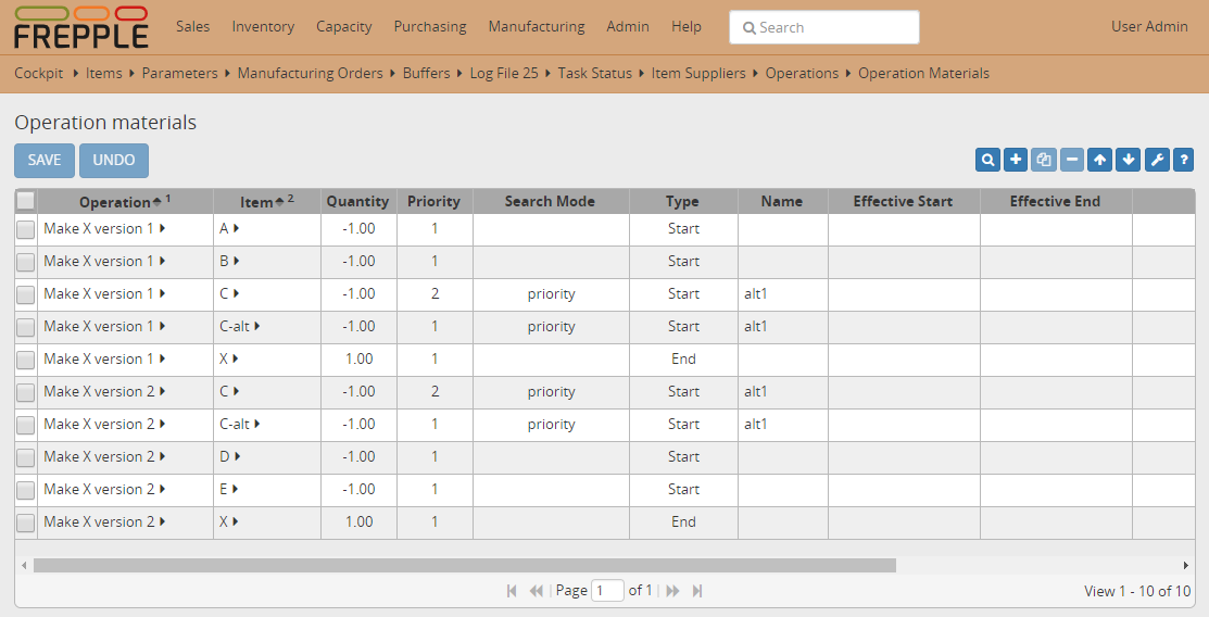 Operation material table