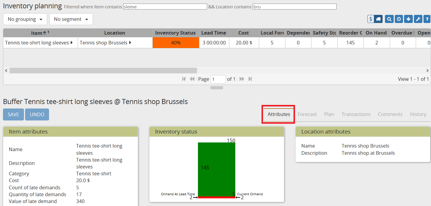 Inventory status on Inventory planning screen