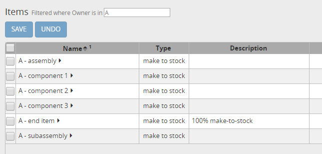 Configuration for item A