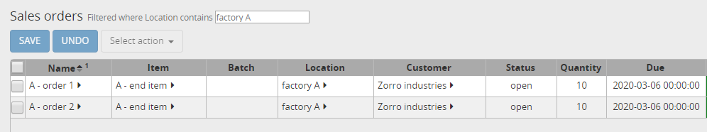 Sales orders for item A