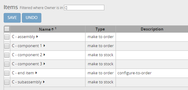 Configuration for item C