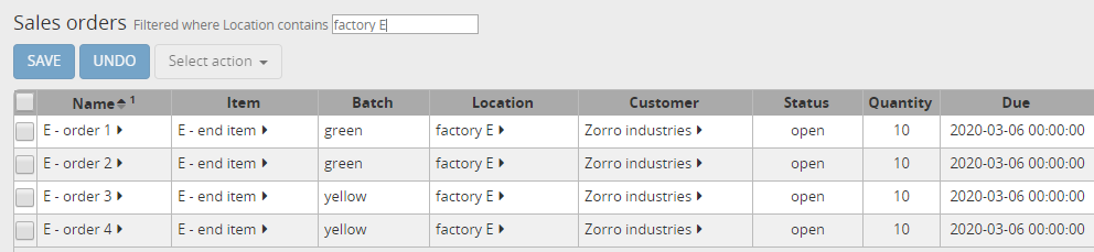 Sales orders for item E