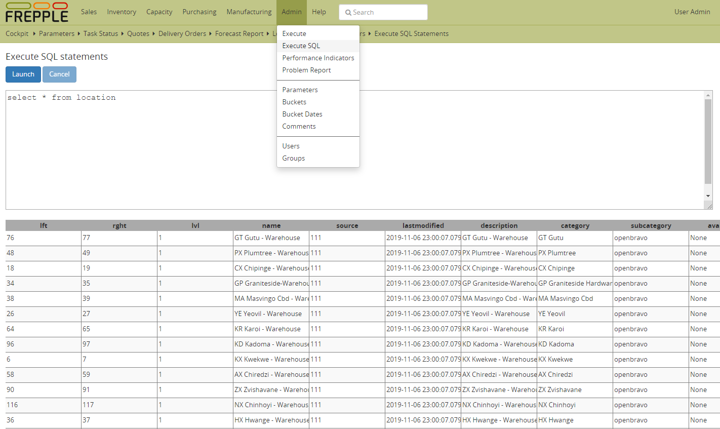 SQL execution screen