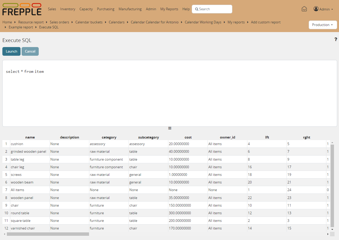 SQL execution screen