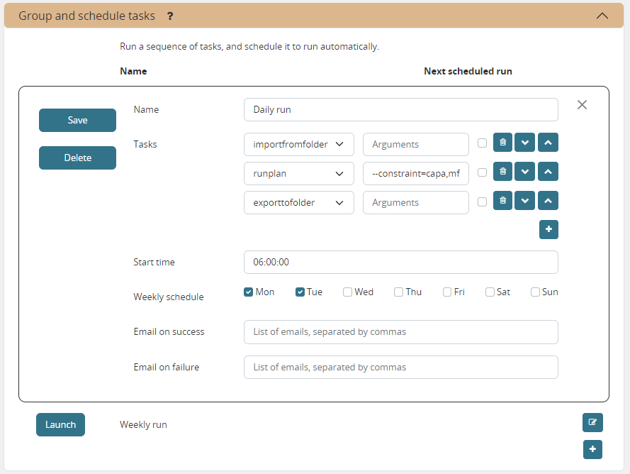 Execution screen - Group and schedule tasks