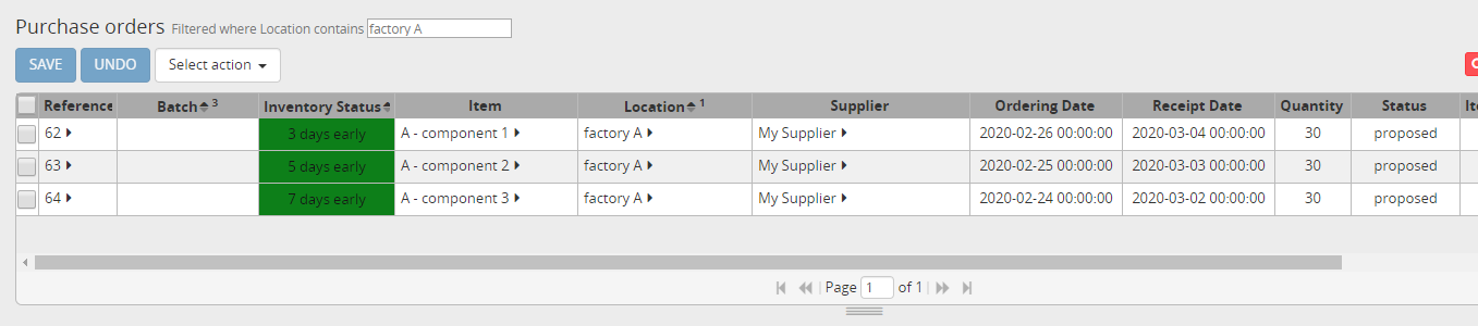 Purchase orders for item A