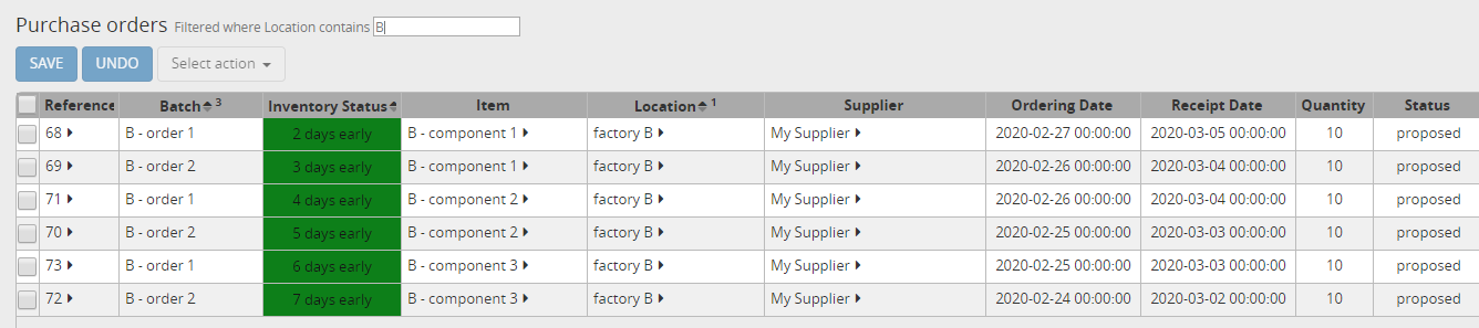Purchase orders for item B