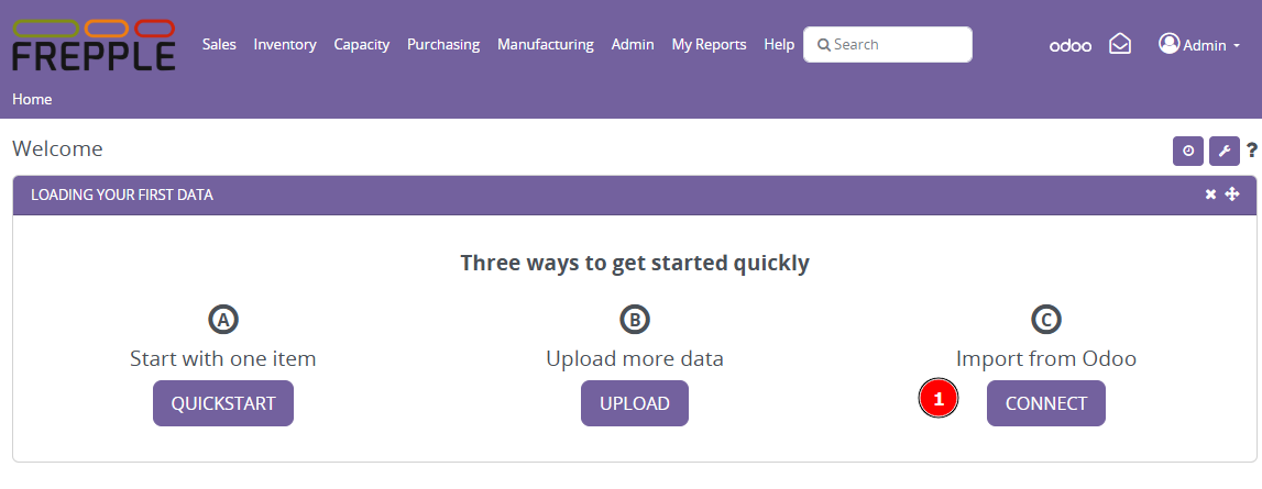 Opening the Odoo connection wizard.