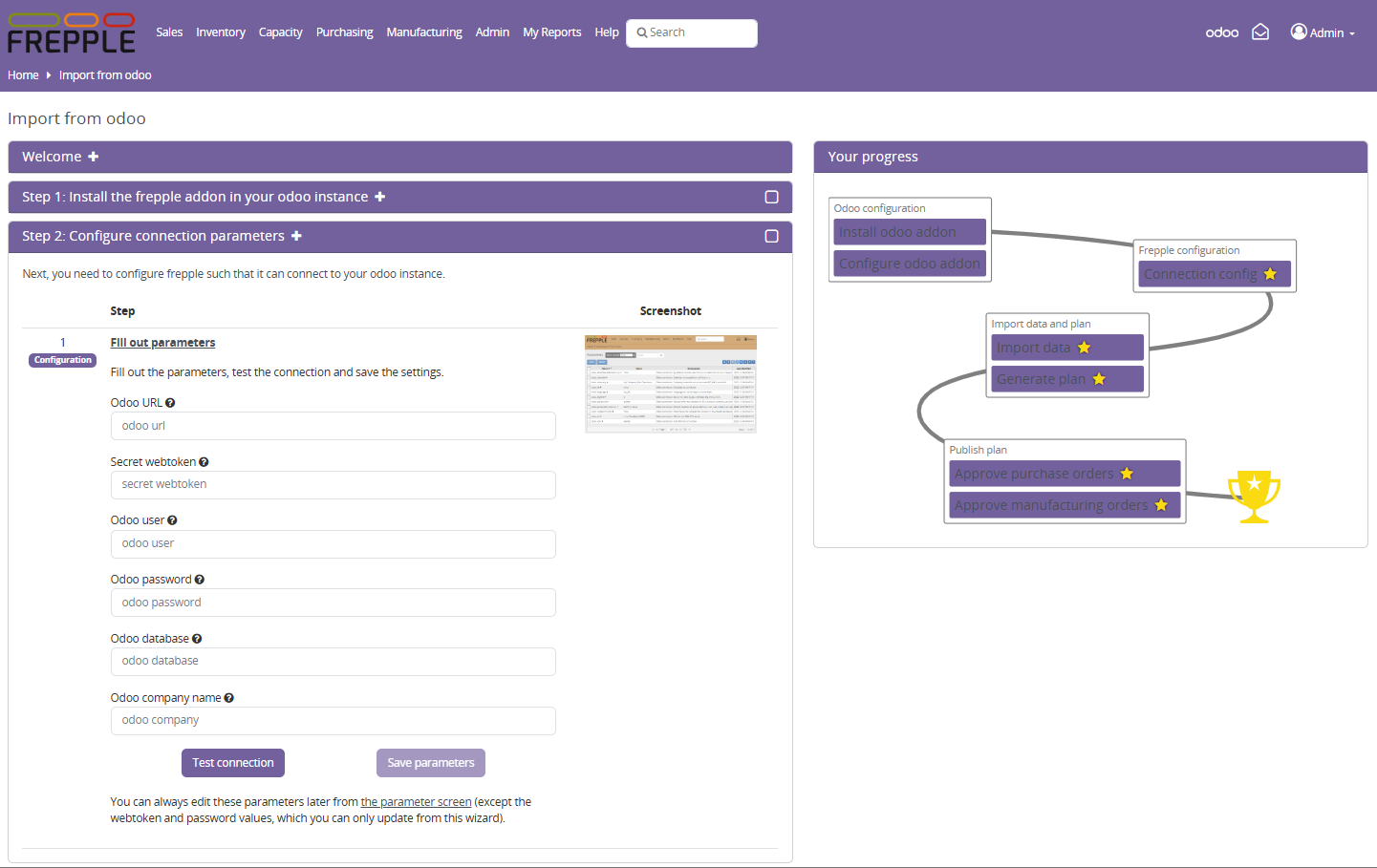 Configuring the Odoo connection.