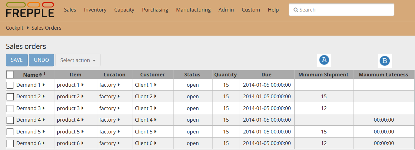 Sales order table for demand policies.
