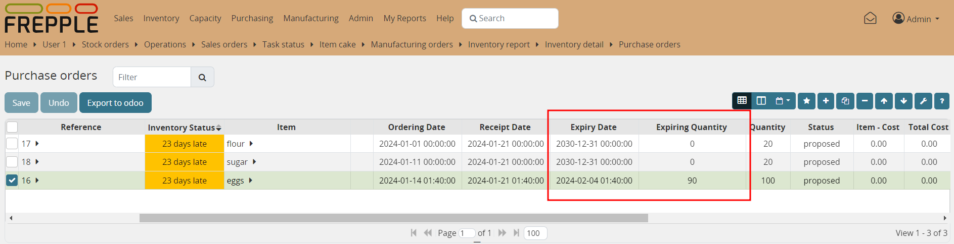Purchase orders with expiry date and expiring quantity